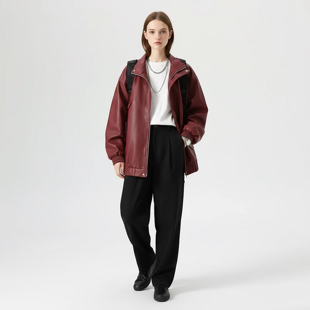 Burgundy Leather Jacket for Women