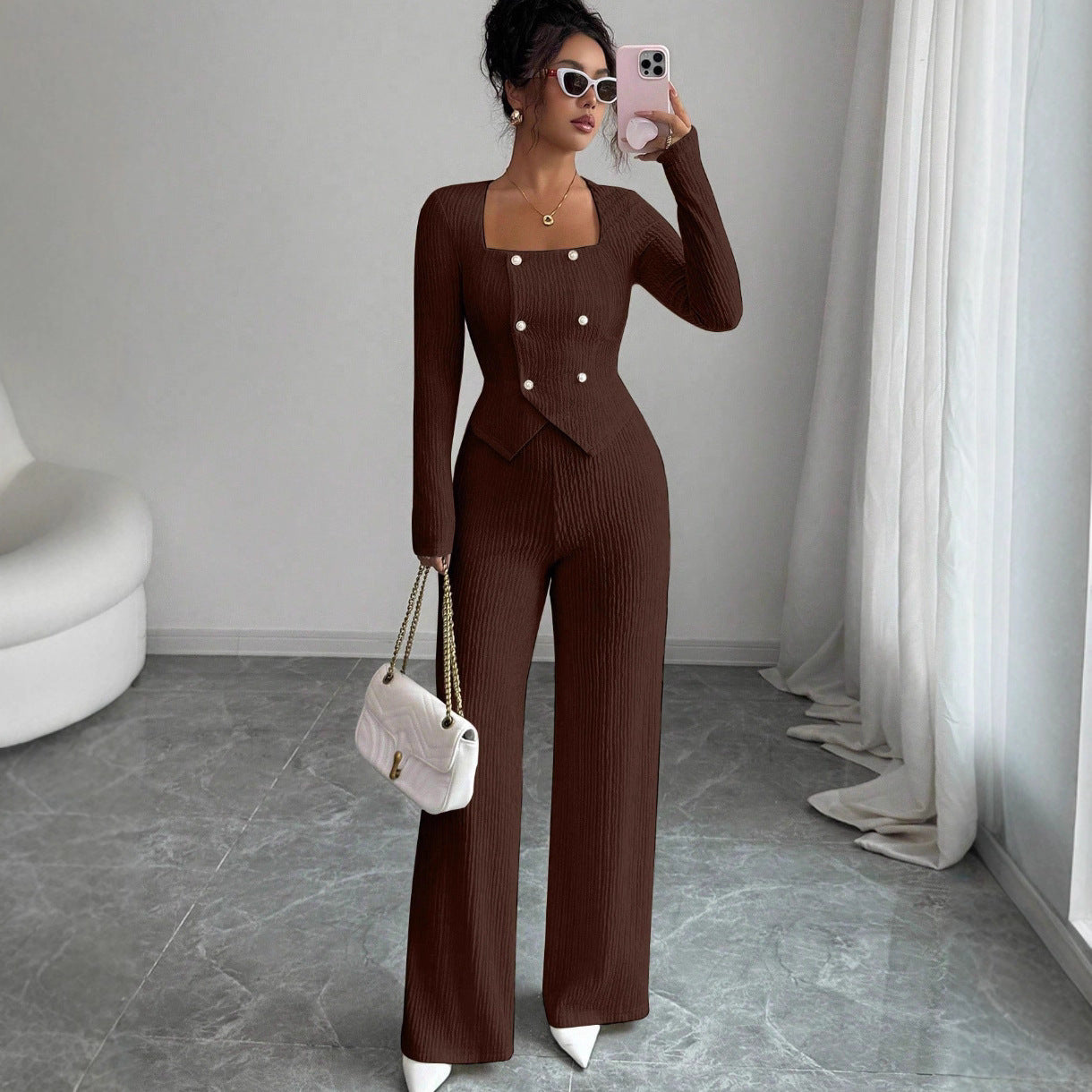 Brown Button Blazer Pantalon Set for Women