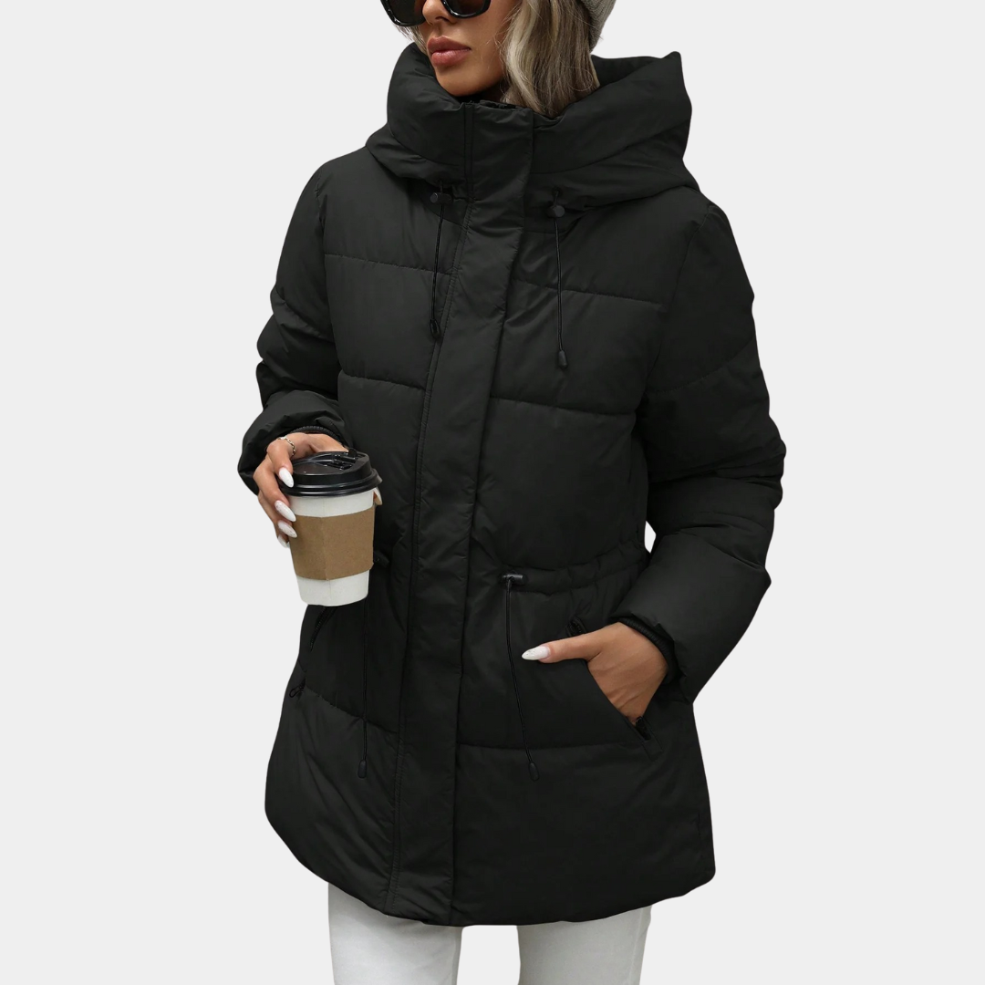 Murphy Mode | Women’s Adjustable Waist Quilted Mid-Length Hooded Jacket