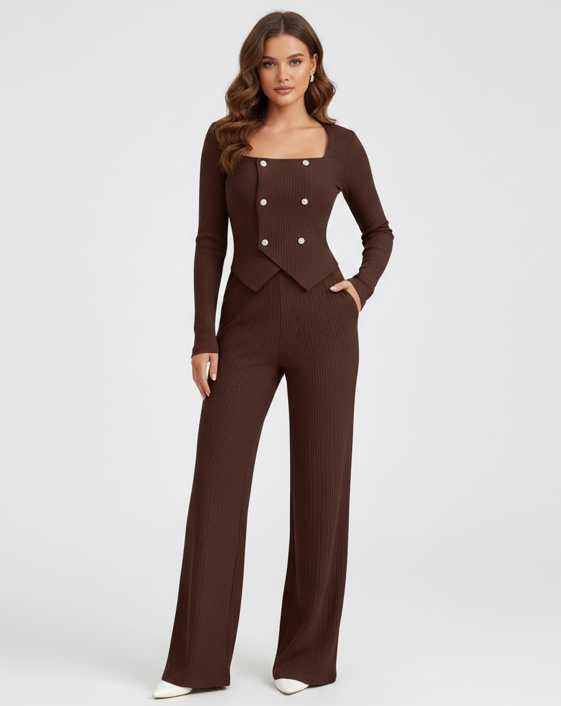 Brown Button Blazer Pantalon Set for Women