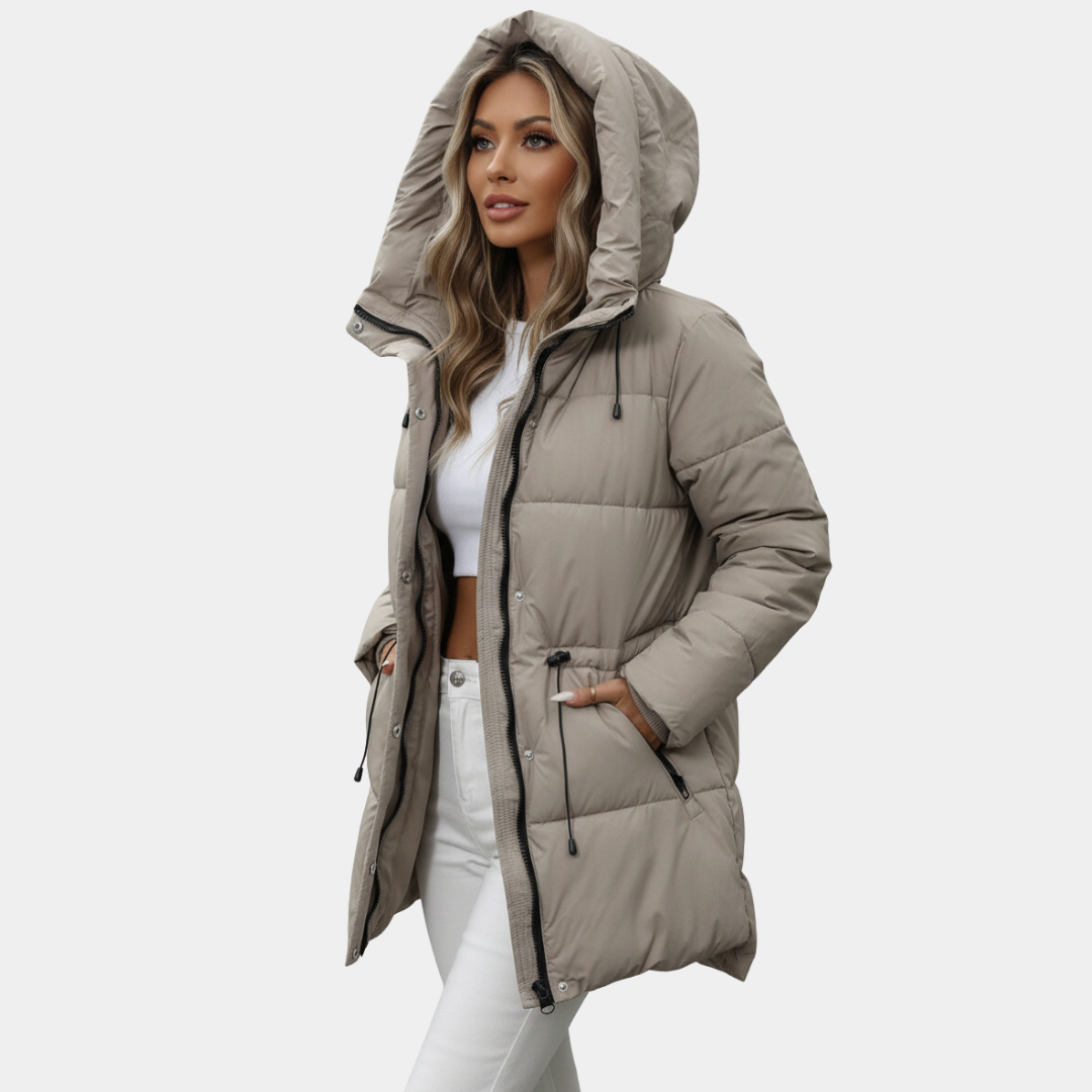 Murphy Mode | Women’s Adjustable Waist Quilted Mid-Length Hooded Jacket
