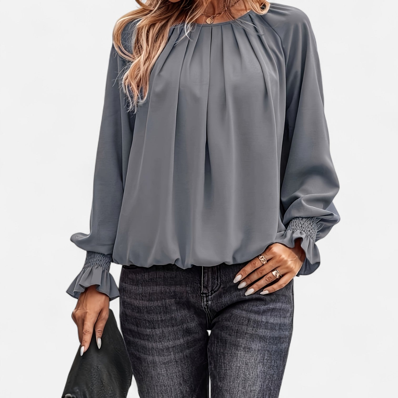 Murphy Mode | Women's Crew Neck Pleated Cotton Blend Top