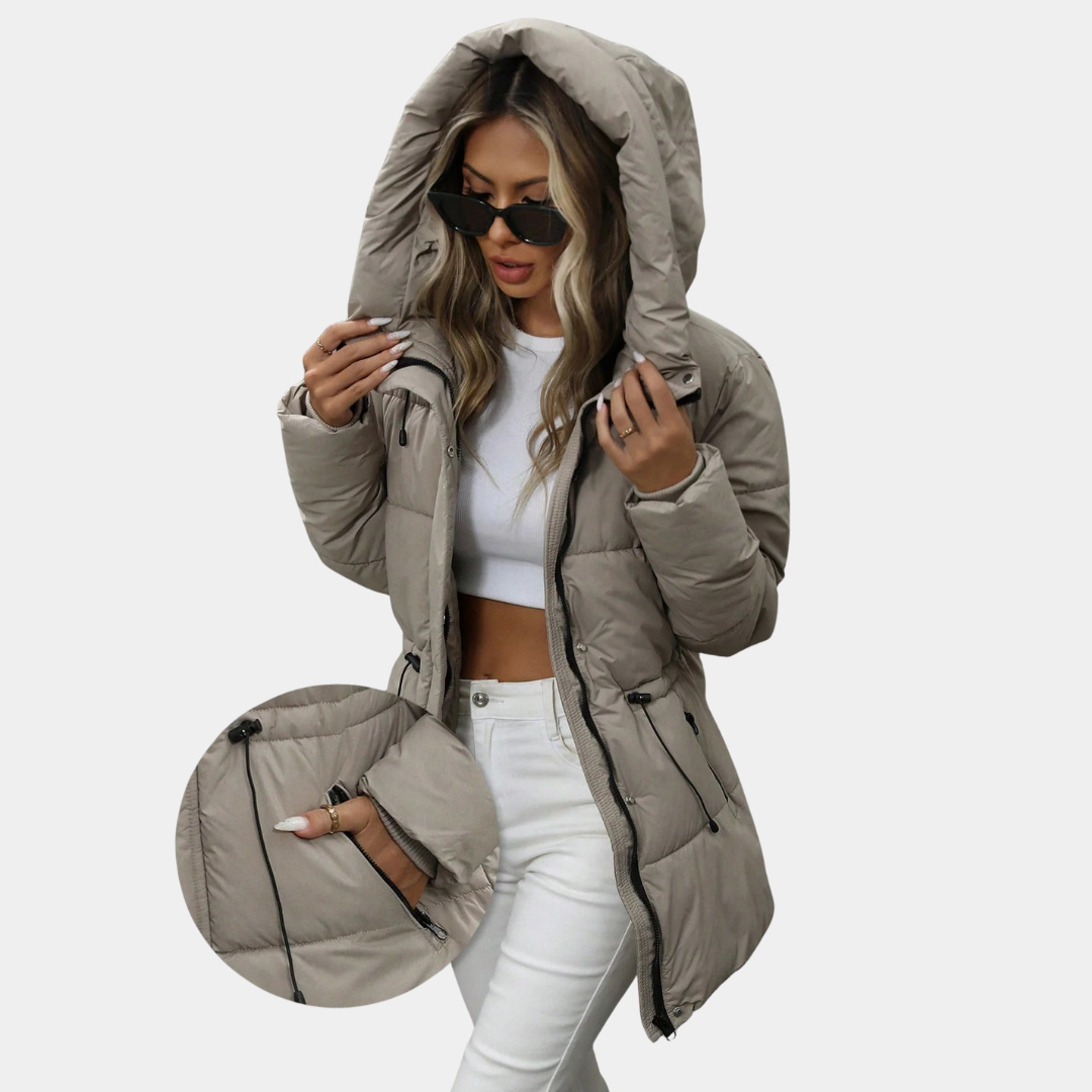 Murphy Mode | Women’s Adjustable Waist Quilted Mid-Length Hooded Jacket