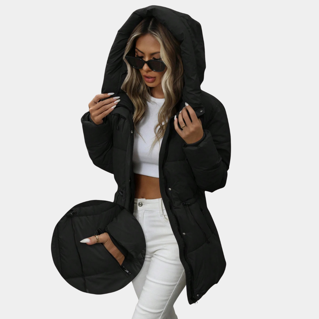 Murphy Mode | Women’s Adjustable Waist Quilted Mid-Length Hooded Jacket