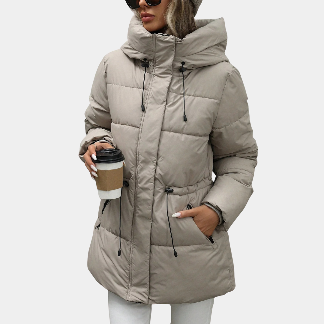 Murphy Mode | Women’s Adjustable Waist Quilted Mid-Length Hooded Jacket