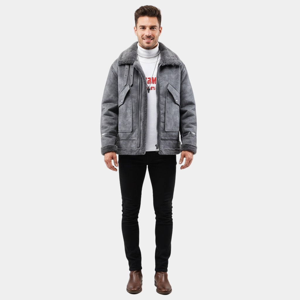 MurphyMode| Grey Suede Jacket Men Fur Collar Bomber